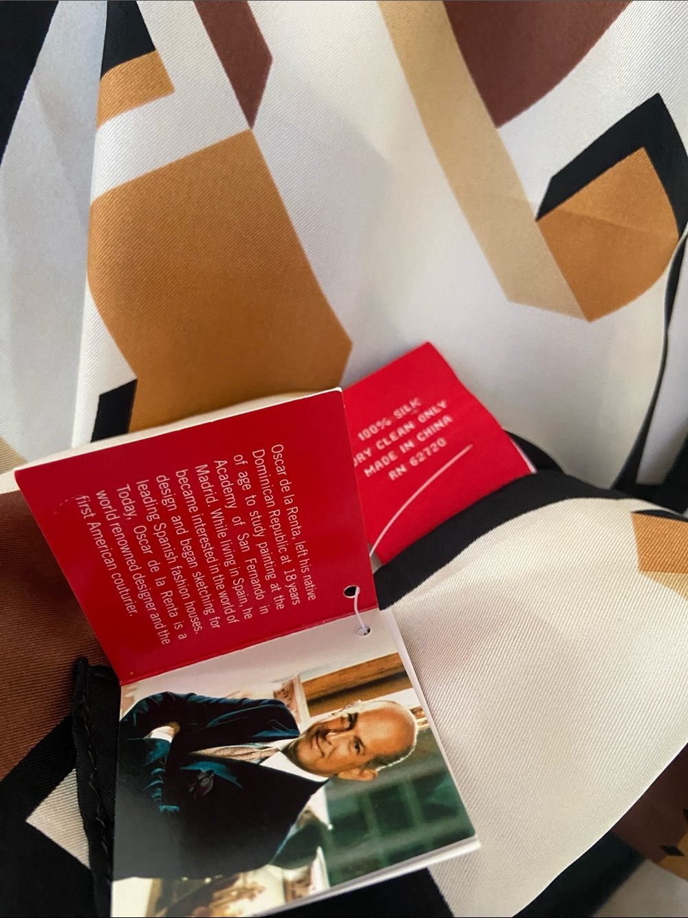 Oscar de la Renta Geometric Silk Scarf in Shades of Brown & Cream, Black Border - Picture 9 of 12